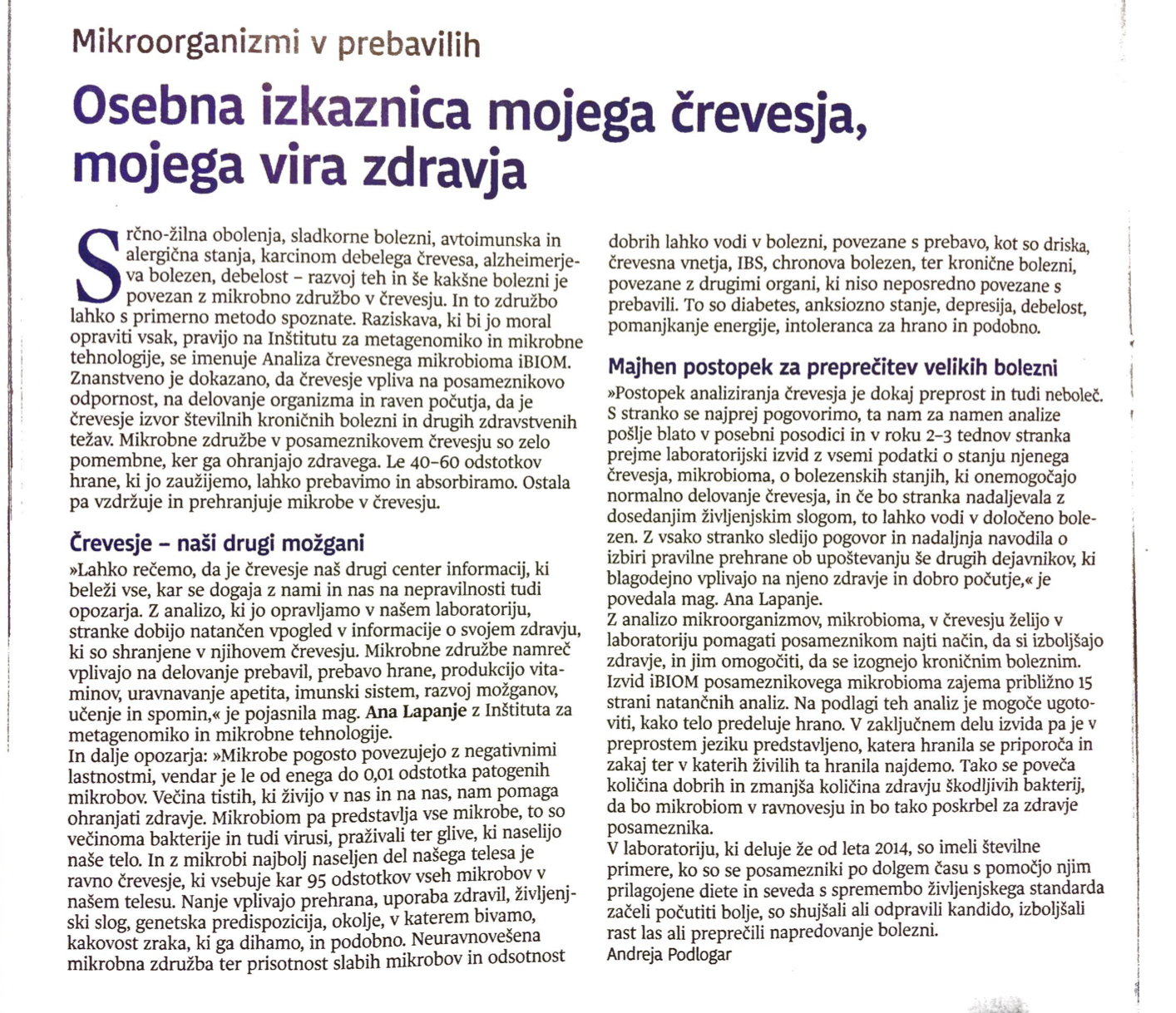 O iBIOMU, objavljeno v Dnevniku, 2.11.2018